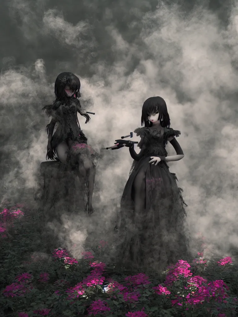 Prompt: cute fumo plush of a gothic maiden girl who is sullen and smoking a cigarette, rich dew rosegarden at dawn, swirling vortices of emissive smoke and volumetric fog, vignette, vray