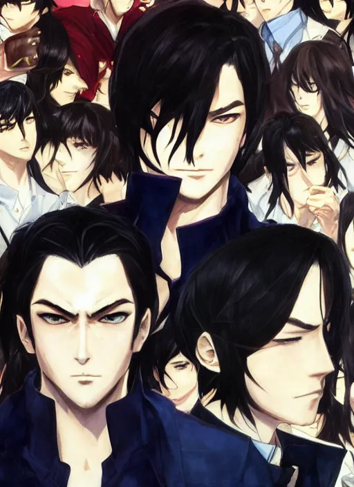 Image similar to portrait illustration by shigenori soejima, handsome male vampire, focus on face, pretty, cinematic lighting, painterly, long black hair, dark blue shirt and light brown trenchcoat