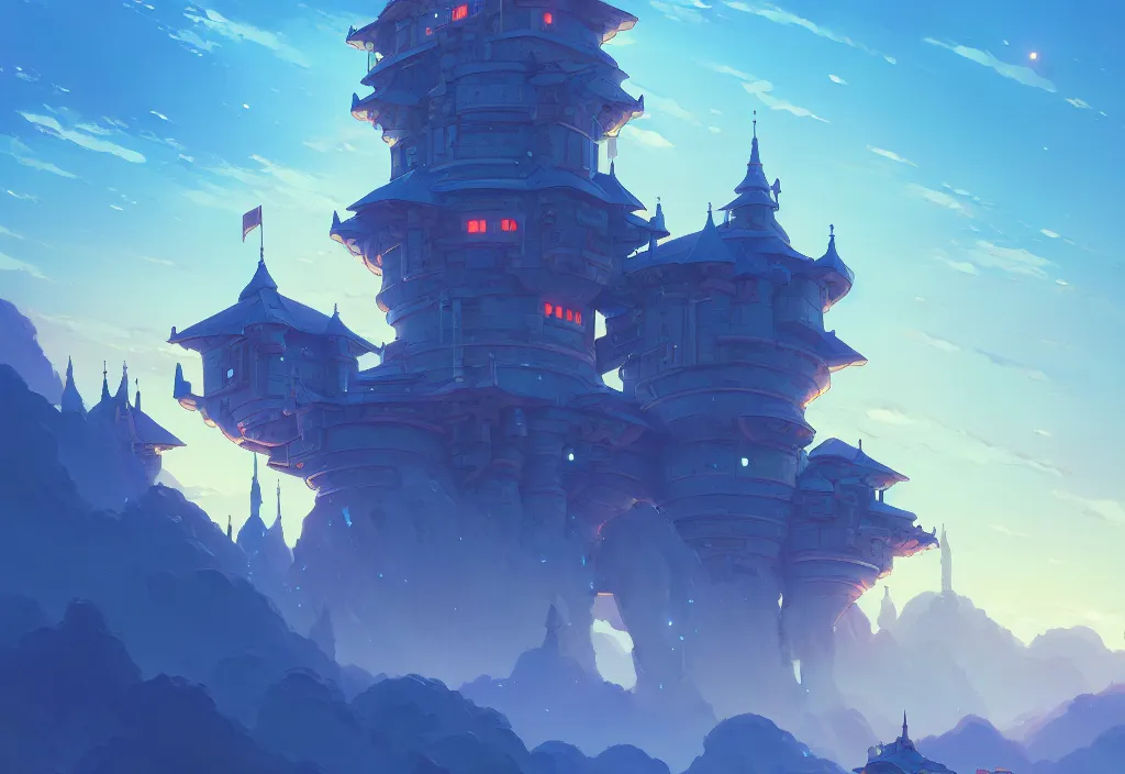 Image similar to a small chubby blue futuristic castle at dawn, intricate oil painting, high detail illustration, sharp high detail, manga and anime 1 9 9 9, official fanart behance hd artstation by jesper ejsing and makoto shinkai, 4 k,