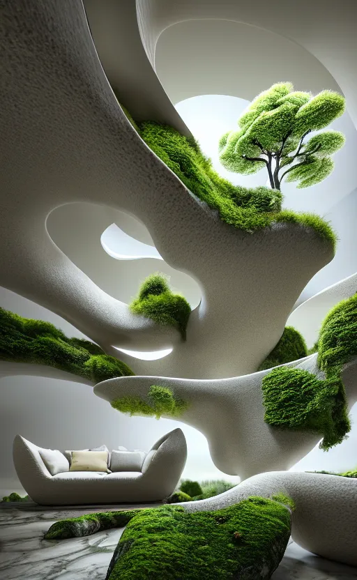 Prompt: highly detailed sharp villa natural beautiful light interior soft cinematic cellular composition of a smooth ceramic porcelain biomorphic magnolia stone nebula fluid sci - fi surreal architecture landscape, furniture, granite, trees, marble, moss, lichen, fungi, vincent callebaut composition, mamou - mani, archviz, 8 k, unreal engine, hdr