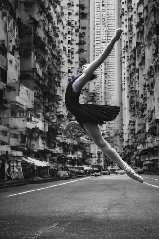 Image similar to a dynamic photograph of a ballet dancer in a dystopic Hong Kong street. Realism.