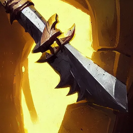 Image similar to yellow broad sword, giant sword, war blade weapon, hearthstone weapon art, by greg rutkowski