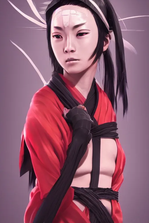 Image similar to native japanese young woman dressed like shinobi ninja, focused stare, partially masked, highly detailed, photobash, photorealistic render, trending on artstation, character design, red background, cinematic lighting