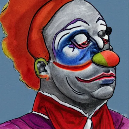 Image similar to UHD courtroom sketch of cosmic clown Judge wearing authentic clown costume and real bizarre clown makeup, with Alex Jones on Trial, correct face, accurate faces, intricate details, intricate cllown judge