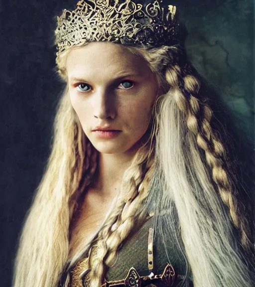 Prompt: portrait_photo_of_a_stunningly beautiful norse maiden queen, 19th century, hyper detailed by Annie Leibovitz, Steve McCurry, David Lazar, Jimmy Nelsson, professional photography