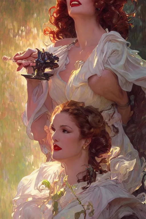 Prompt: Rita Hayworth portrait, fantasy, elegant, intricate, by Stanley Artgerm Lau, greg rutkowski, thomas kindkade, alphonse mucha, loish, norman Rockwell