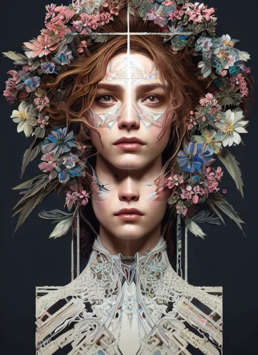 Image similar to symmetry!! portrait of floral! horizon zero dawn machine, intricate, elegant, highly detailed, digital painting, artstation, concept art, smooth, sharp focus, illustration, art by artgerm and greg rutkowski and alphonse mucha, 8 k