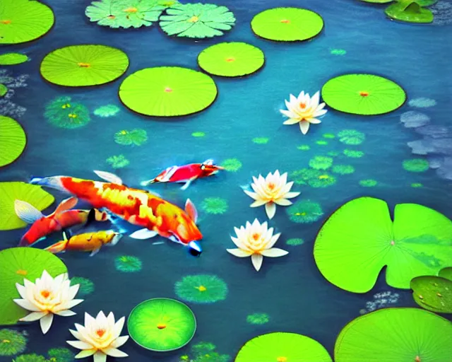 Image similar to Digital painting of koi pond, lotus flowers, dark blue water, green lily pads, goldfish, a fantasy digital painting by makoto shinkai and Alena Aenami, trending on artstation,