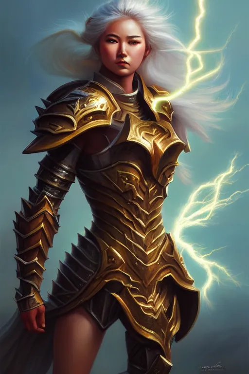 Image similar to oil painting, sakimi chan, fantasy armor, detailed face, feet, white skin, dramatic lighting, tony sart, wind, lightning