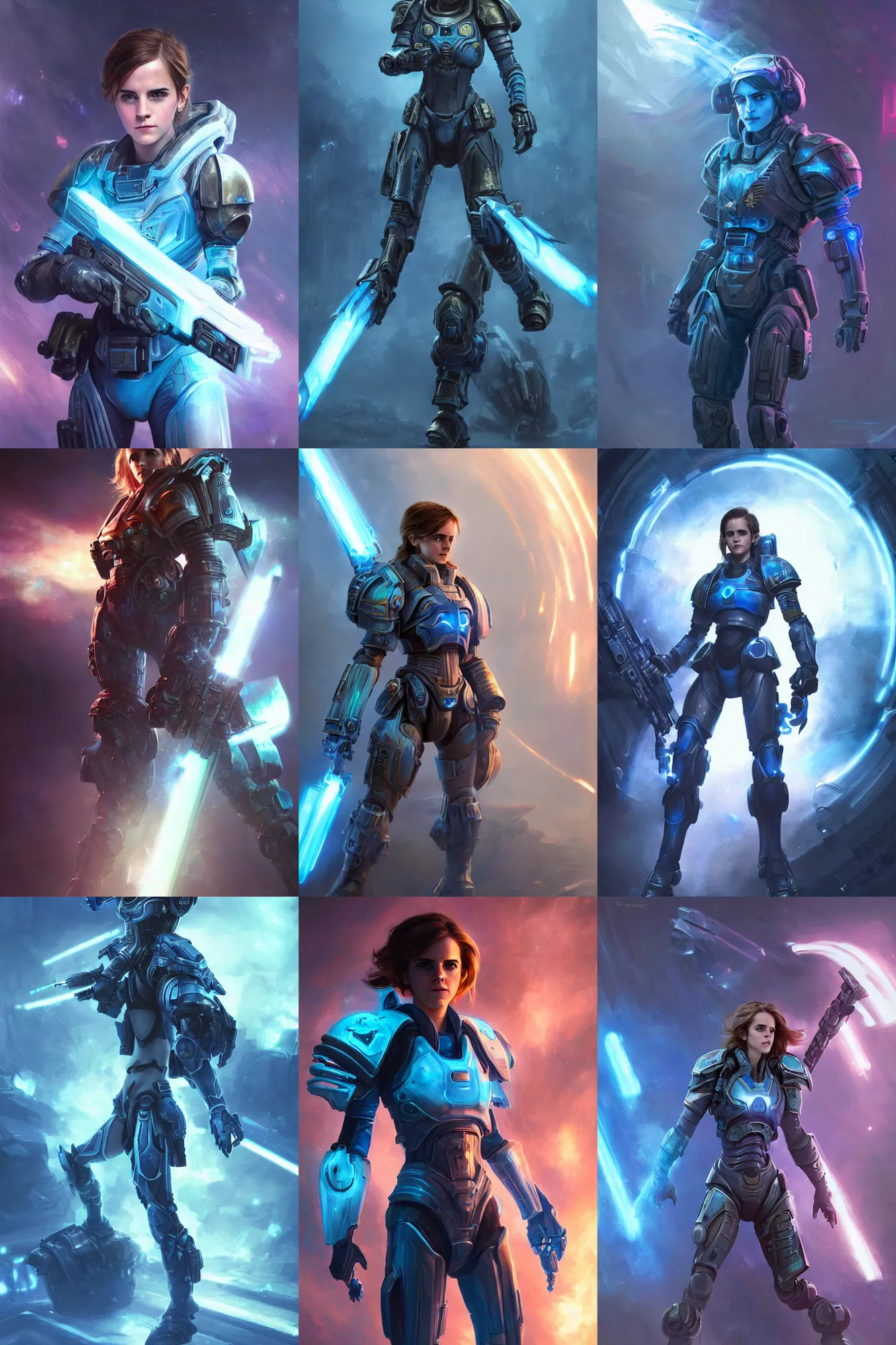 Prompt: emma watson in starcraft ii, hero pose, sci - fi, futuristic armor with blue neon lights, space marine, dramatic lighting, highly detailed, digital painting, 3 d render, hyper realistic detailed portrait, greg rutkowski, wlop, ruan jia, peter mohrbacher