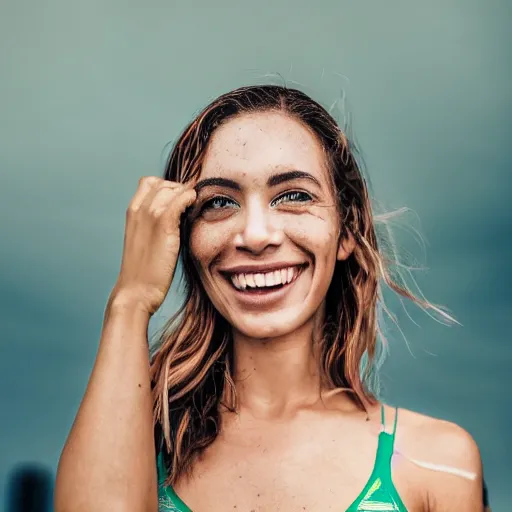 Prompt: a trending photo of over a million views from an amazingly cute brazilian female fashion model's instagram account, summer, freckles, smile, green eyes, natural, easygoing, healthy, nikon, leica, zeiss, 5 0 mm lens, flash fill, f 1. 8 depth of field