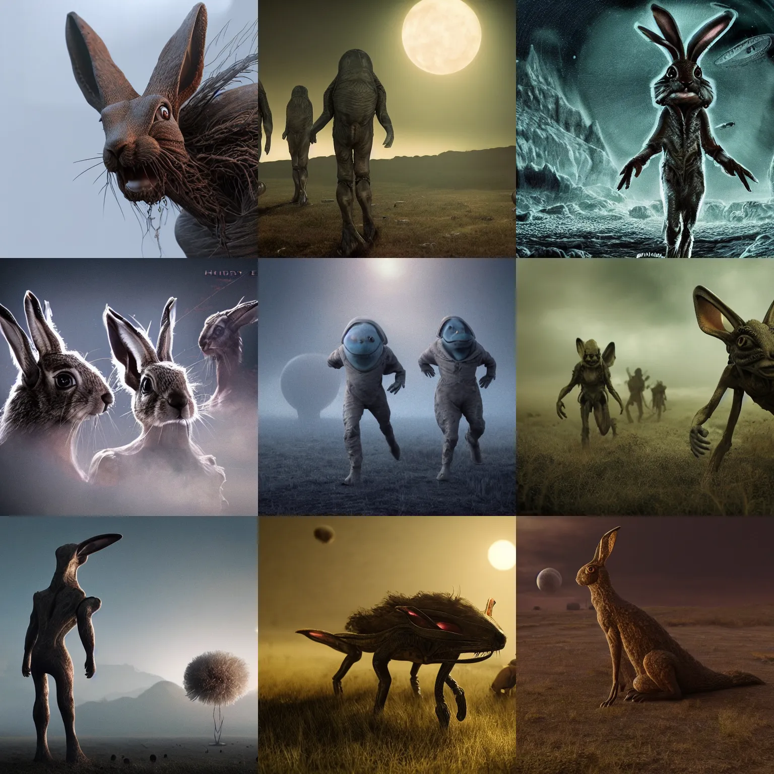 Prompt: The aliens of the hare, highly quality render, 8k, realistic, detailed, eerie, high resolution, dark vintage sci-fi. Atmosphere 85