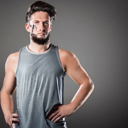 Prompt: a beautiful portrait of a bloke wearing futuristic speed dealers and a tank top, on a hot australian day, high quality, photography, volumetric lighting, 8 k