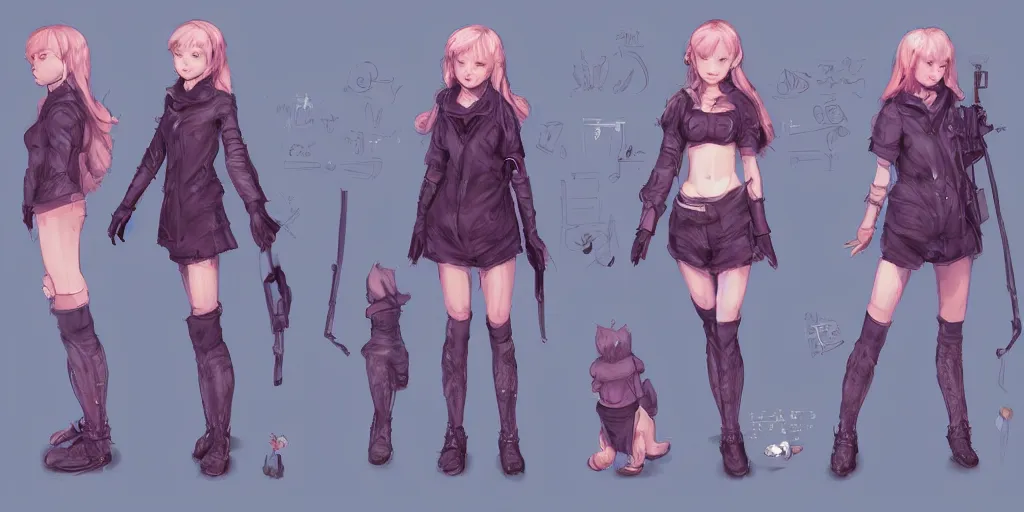 Image similar to character sheet of a incredibly cute and lovely girl, digital art by wlop. character design concept art. artstation contest winner, blade runner, scifi, candy girl