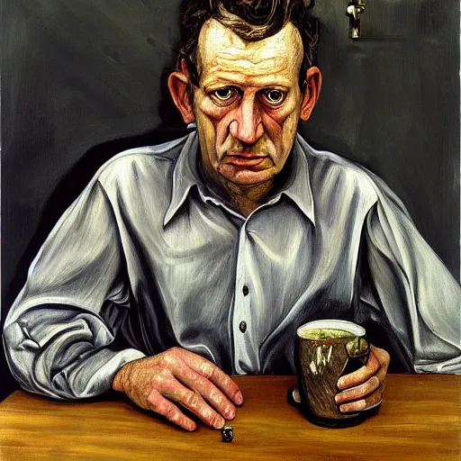 Image similar to high quality high detail painting by lucian freud, hd, portrait of sad bartender