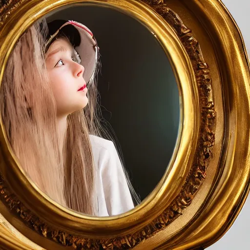 Image similar to an old hat is brushing her hair in front of an ornate mirror, the reflection is of a beautiful young girl, hyper detailed, 4 k octane render