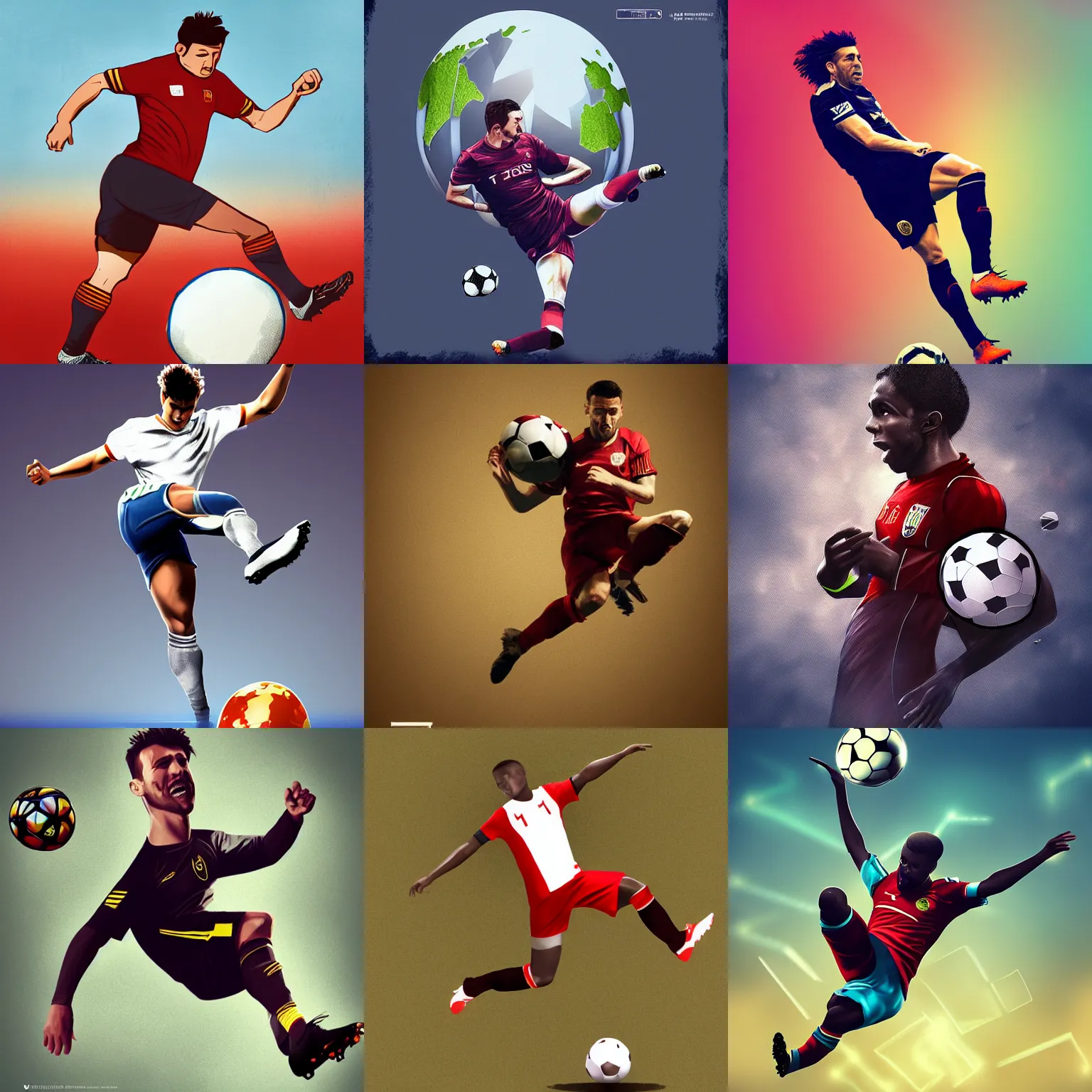 Prompt: A footballer kicking a globe, digital art, trending on ArtStation