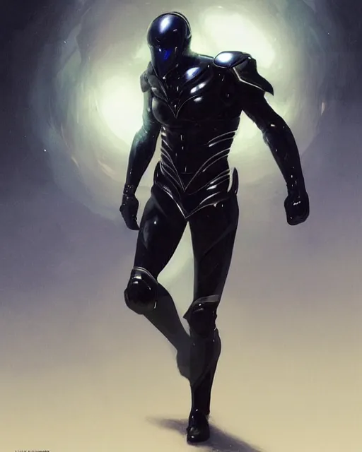 Image similar to character concept of iridescent sinewy smooth muscular male sleek glossy indigo black pearlescent onyx scifi armor with smooth black featureless helmet, by greg rutkowski, mark brookes, jim burns, tom bagshaw, magali villeneuve, trending on artstation