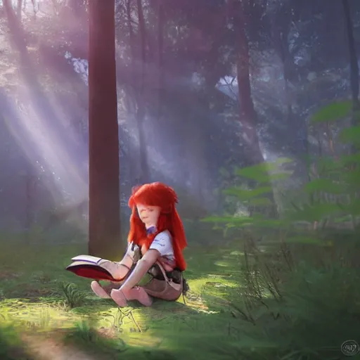 Prompt: a red - haired explorer girl kid with a backpack and a map, in the deep forest, lit by sunbeams, by loish, unreal 5,