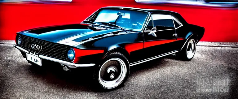 Image similar to black flames livery audi camaro b 1 ( 1 9 6 7 ), retro poster, establishing shot