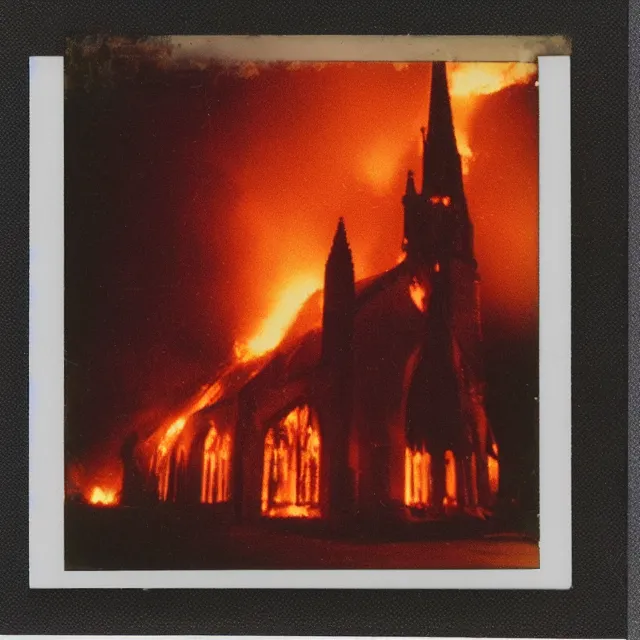 Prompt: polaroid photo of a firey explosion in a gothic church on a hill