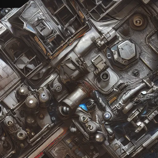 Image similar to top down view of a texture, floor full of mess of mecanics, motor, tools, ancient mecanism, steampunk, substance painter material, artstation, octane render, vray, 4 k