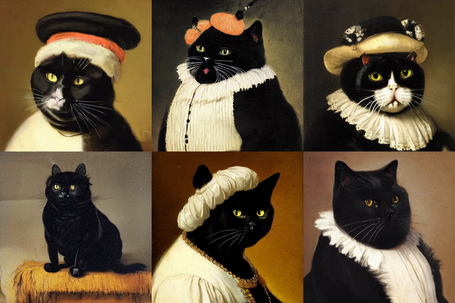 Prompt: portrait painting of a fat black cat wearing a ruff by Rembrandt van Rijn