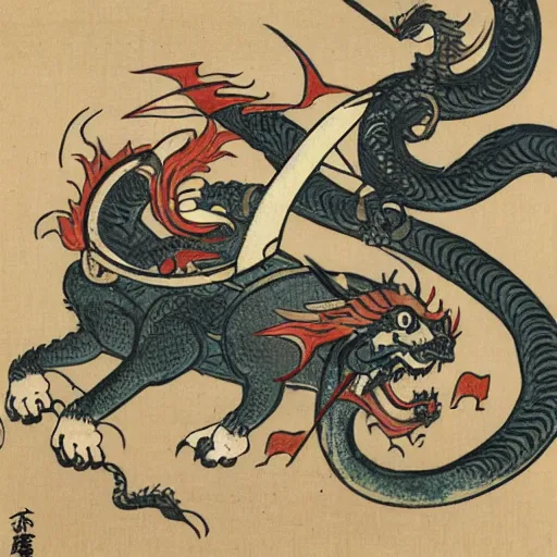 Image similar to samurai cat, riding a dragon, edo style art