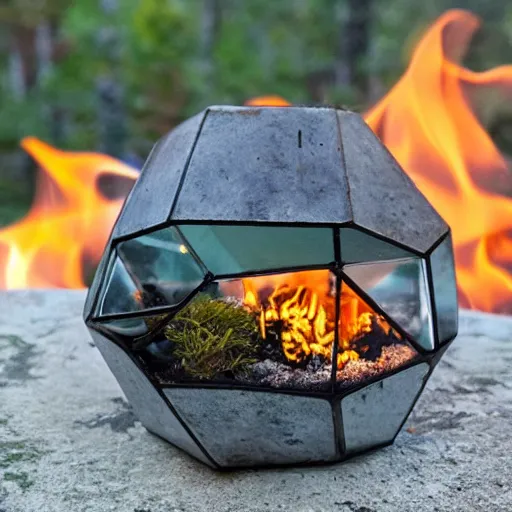 Prompt: a terrarium with cozy cabin on fire, night, inside on top of a minimalist table, lit from the side