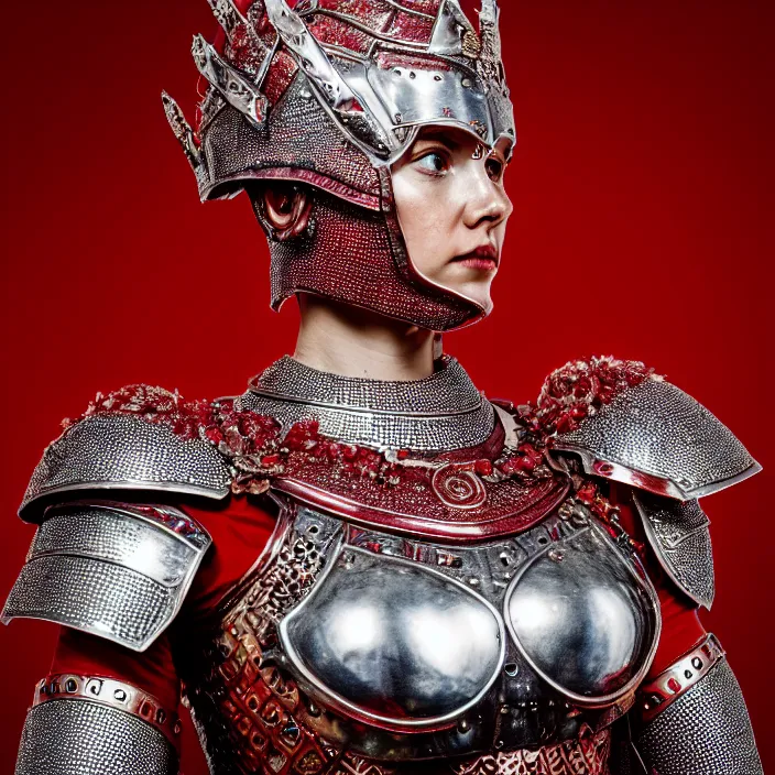 Image similar to photo of a beautiful strong warrior queen wearing ruby encrusted armour, highly detailed, 4 k, hdr, smooth, sharp focus, high resolution, award - winning photo