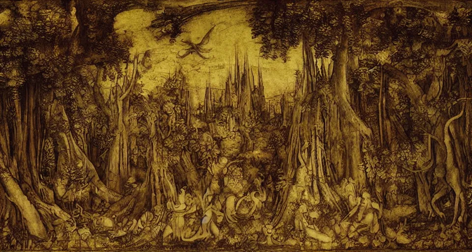 Image similar to Enchanted and magic forest, by Leonardo da vinci