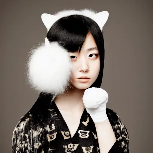 Image similar to aesthetic photograph of alluring young Japanese woman with furry white cat ears, by Nick Knight and jia ruan, headshot, realistic, photorealistic, HD, 4k resolution