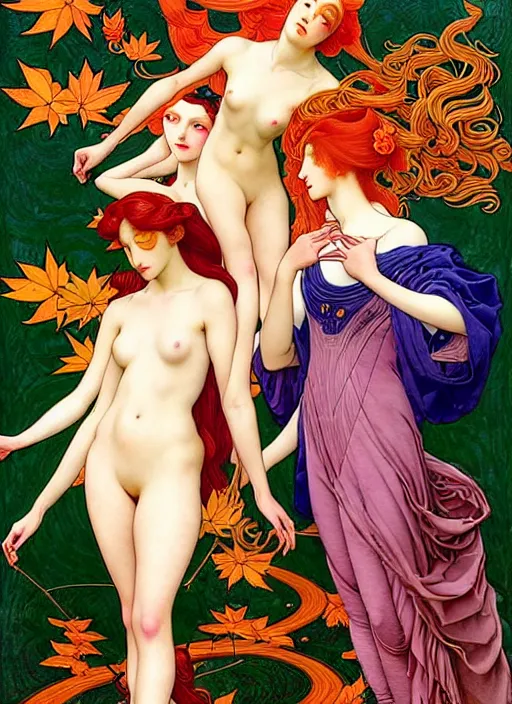Image similar to 4 Muses symbolically representing Spring, Summer, Winter and Autumn, in a style blending Æon Flux, Peter Chung, Shepard Fairey, Botticelli, Ivan Bilibin, and John Singer Sargent, inspired by pre-raphaelite paintings, shoujo manga, and cool Japanese street fashion, dramatic autumn landscape, leaves falling, deep vivid tones, hyper detailed, super fine inking lines, ethereal and otherworldly, 4K extremely photorealistic, Arnold render