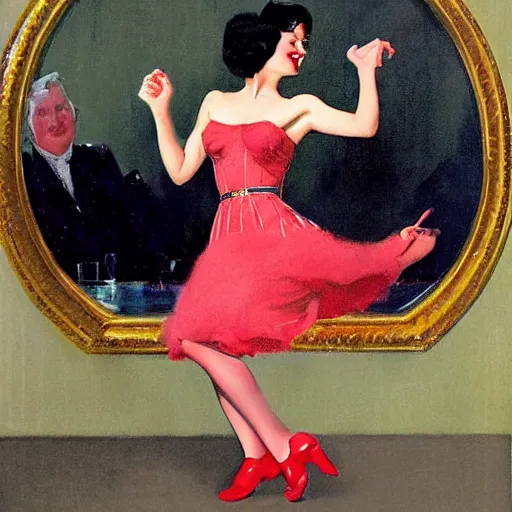 Image similar to a beautiful young girl was dancing the Charleston on the living room carpet with joy, fair skin, red lips, black hair, oil painting, Sherree Valentine Daines, Coles Phillips, Gil Elvgren, Dean Cornwell, JC Leyendecker, 8k