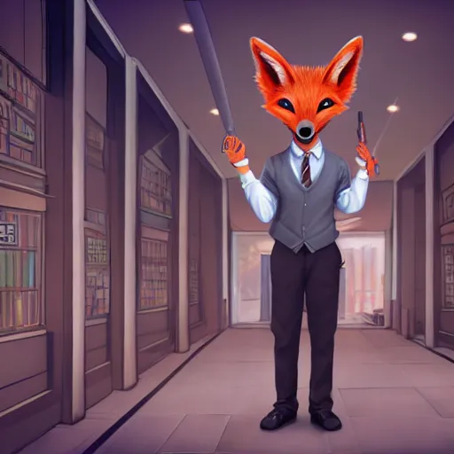 Image similar to award - winning extremely detailed fantasy art of a cute male anthropomorphic vulpes vulpes fulva teacher wearing suit working at a school, 4 k cinematic still photography, dramatic lighting, lifelike