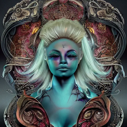 Image similar to blonde girl in a cosmic dress, full-body tattoos, ornate, rococo, grotesque, zbrush art, majestic, organics, silver filigree, colorful, dark fantasy, celtic knot, anatomical, h r giger style, moebius, frank frazetta, ornate, art nouveau, symmetrical, turquoise jewelry, red smoke, roses, unbiased render, rotten, Emil melmoth, eerie, macabre, haunting + insanely detailed and intricate, floral, faded pink, hypermaximalist, elegant, vintage, hyper realistic, super detailed, pastel colors,