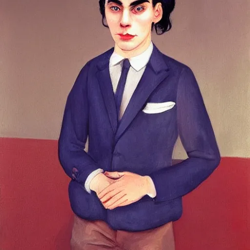 Image similar to a fine art portrait of a young man with black hair that is shorter on the sides, and asymmetrical eyebrows so that one eyebrow is bigger than the other eyebrow. Bags under his eyes. In the style of Stanley Kubrick and Wes Anderson, Art directed by Edward Hopper.