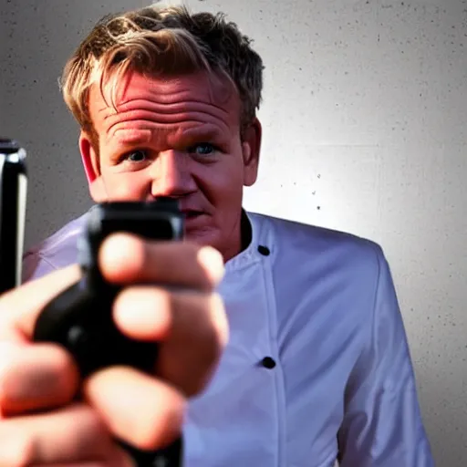 Prompt: gordon ramsey holding handgun, selfie, phone camera, famous chef gordon ramsey, pointing gun at camera, realistic photography