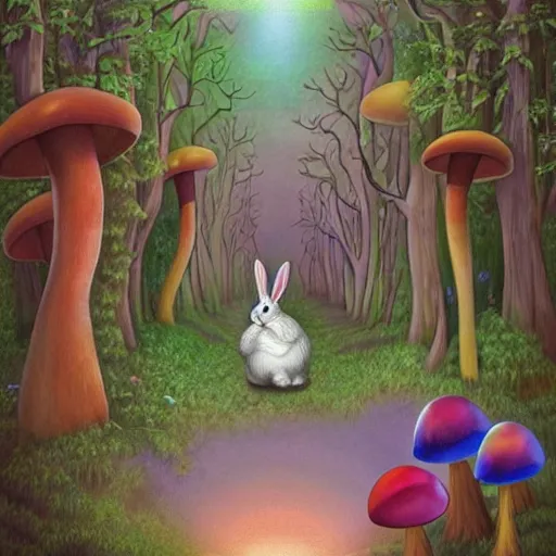 Prompt: Surreal art, rabbit walking in a fantasy forest with big mushrooms