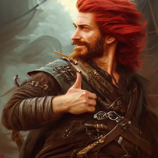 Image similar to portrait of a young pirate, 30 years old, male, ruggedly handsome, masculine, upper body, red hair, long hair, D&D, fantasy, intricate, elegant, highly detailed, cinematic lighting, digital painting, artstation, concept art, cutscene, sharp focus, illustration, art by Artgerm and Greg Rutkowski and Alphonse Mucha