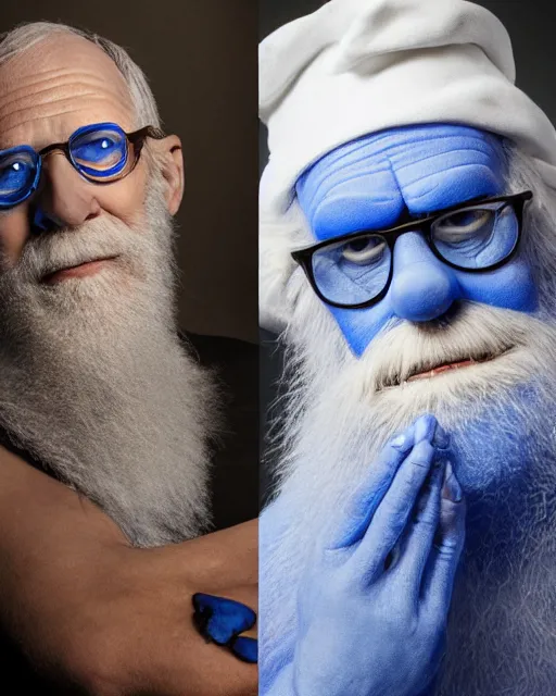 Prompt: David Letterman as Pappa Smurf in Elaborate Rick Baker Makeup Prosthetics for live action remake of The Smurfs, Studio Lighting, Highly detailed, Trending on Artstation, Studio Lighting Photographed in the Style of Annie Leibovitz