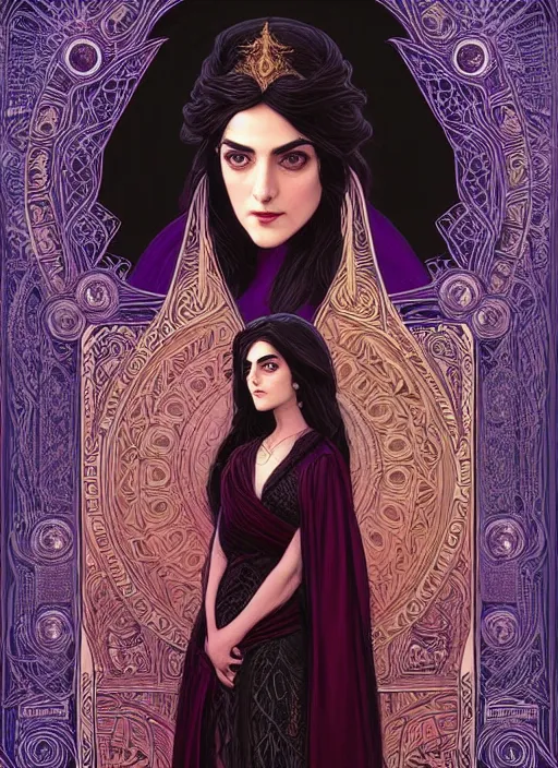 Image similar to centered portrait, Maya Ali as a D&D sorcerer, black hair, intricate robes, Art Nouveau, beautiful retro Fantasy heroine 1985, intricate, elegant, highly detailed, centered, digital painting, trending on artstation, concept art, smooth, sharp focus, illustration, art by raphael lacoste, eddie mendoza, Mucha, alex ross, WLOP