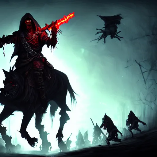 Prompt: a dark hooded general with glowing red eyes rides his horse above an army of zombies and ghouls, dark, D&D, Fantasy, MTG, heroic, Artstation, silhouette