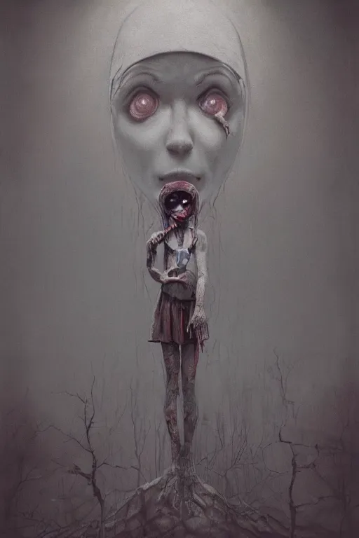 Image similar to low angle surrealism crayon cartoon grunge of a creepy horror nurse girl . intricate artwork. nightmare fuel. terrifying. by zdzisław Beksiński, wlop, dan mumford , trending on artstation, greg rutkowski very coherent symmetrical artwork. cinematic, hyper realism, high detail, octane render, 8k