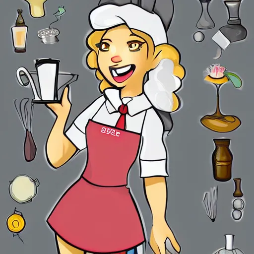 Prompt: beautiful female sheep anthropomorphic working as a waitress, cartoon, digital art, full character, high detail drawing