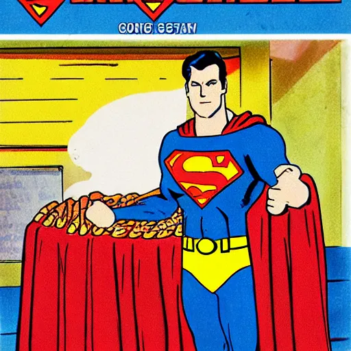 Image similar to superman selling hot dogs stand, poor, old clothes,