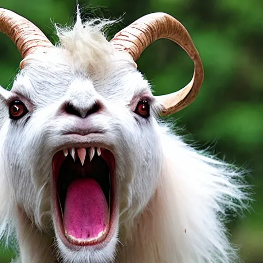 Prompt: horror, screeching mutant goat monster with big sharp teeth and filthy white matted fur