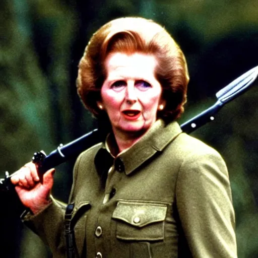 Image similar to Margaret Thatcher as Rambo in Rambo First Blood (1982)