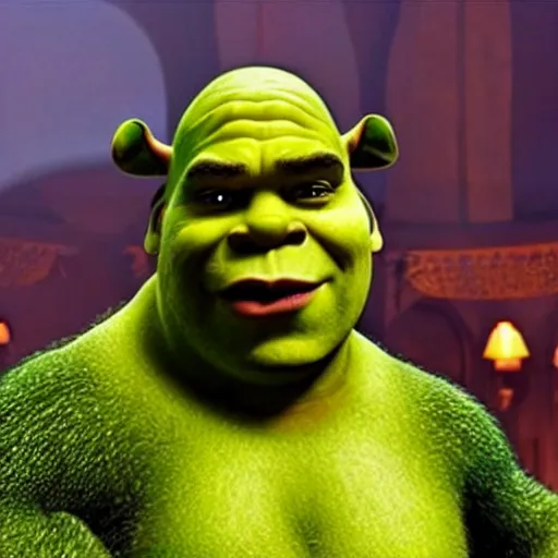 Prompt: a photographic still of Shrek in The Matrix as Neo