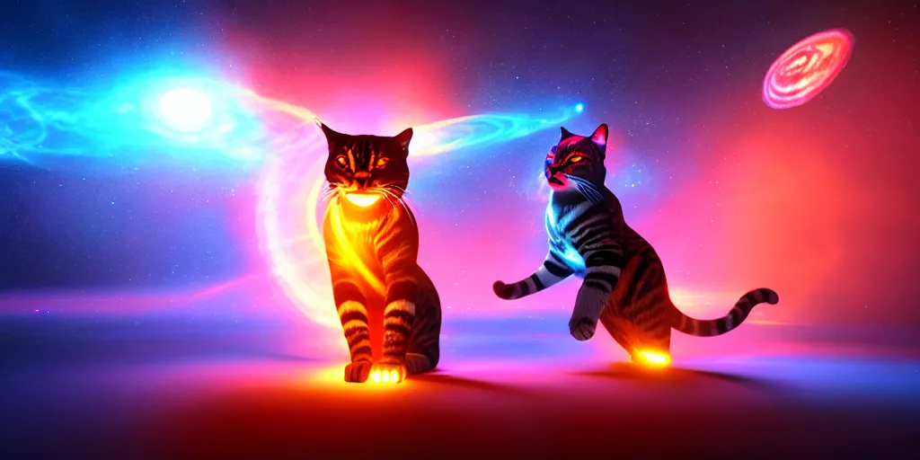 Prompt: 8 k uhd poser, redshift render of shiva the destroyer as a cosmic dancing cat, stage photography, volumetric lighting